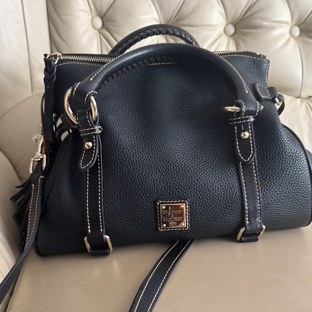 Dooney & Bourke Black Pebbled Leather Satchel with Gold Accents